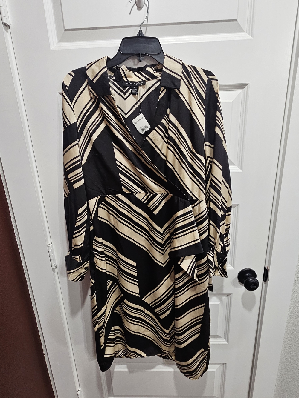 Versona Black and Beige Striped Wrap Dress
